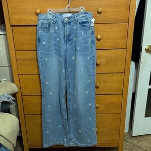 Light Blue Embroidered Daisy Wide-Leg Jeans - Women's